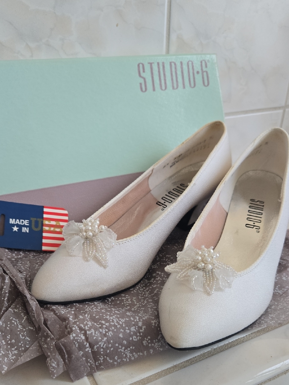 Studio White Pearl-Embellished Low Heel Pumps